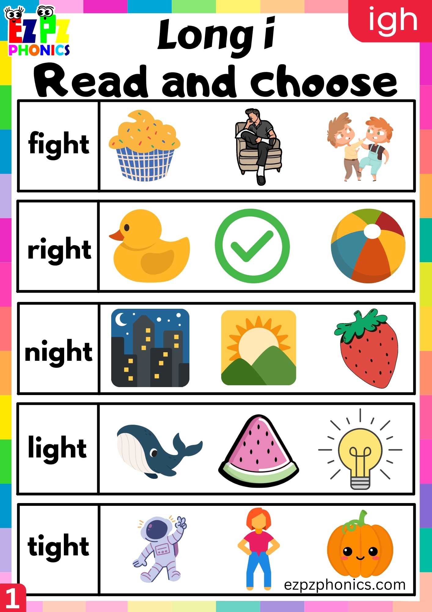 IGH Words Read And Choose Long I Phonics Worksheet